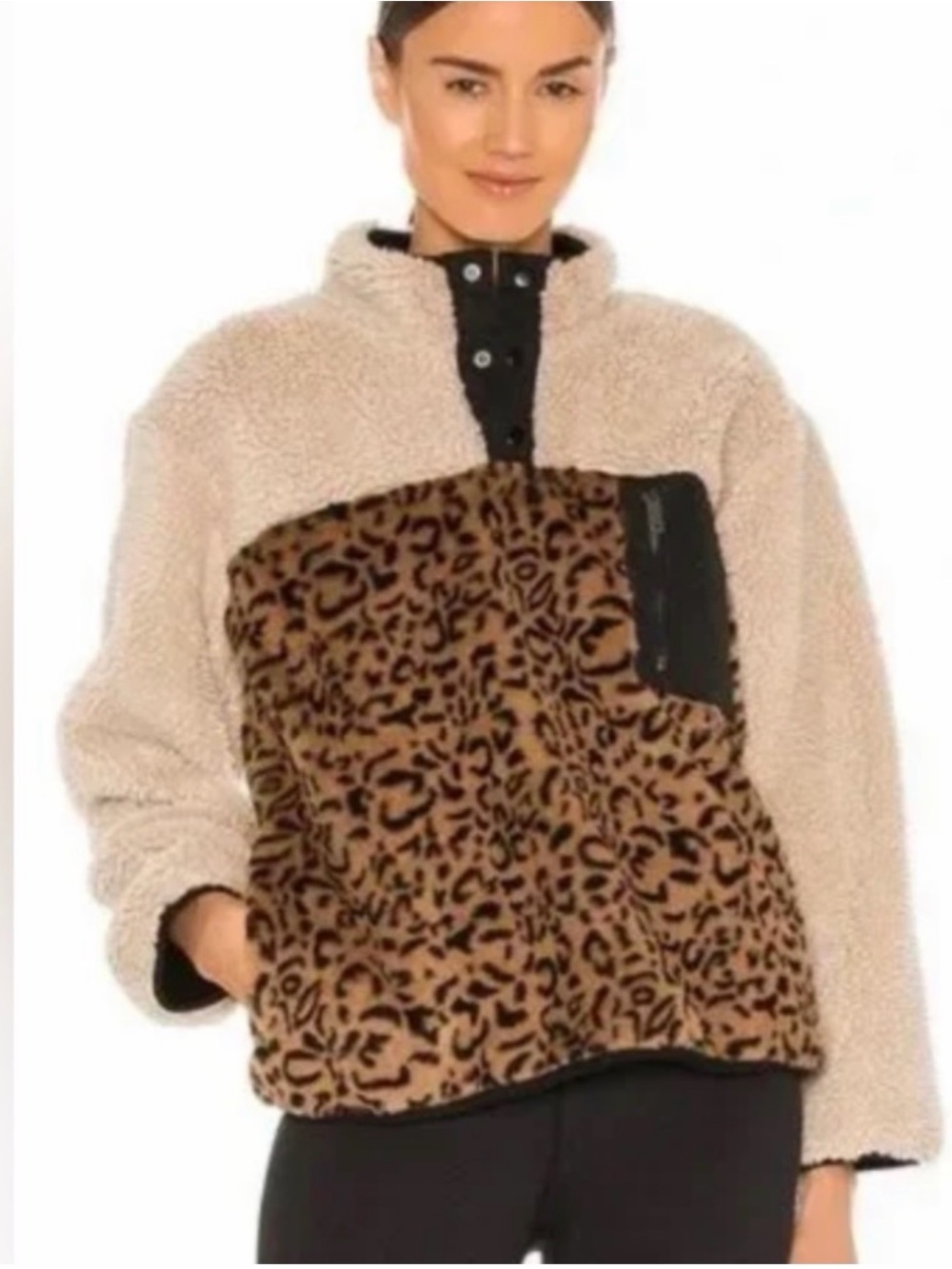 Rails Leopard-Panel Teddy Sherpa Jacket in Beige and Brown